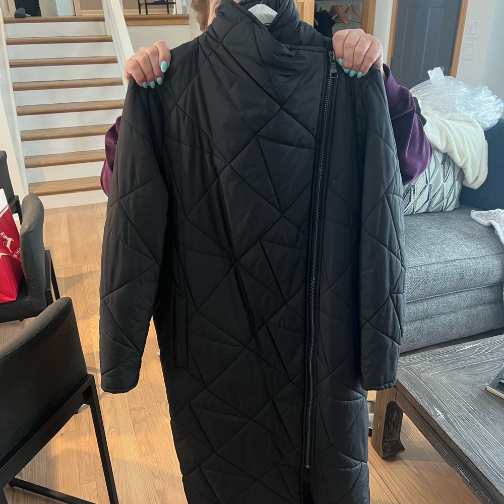 Never worn black Quilted Asymmetric Midi Coat